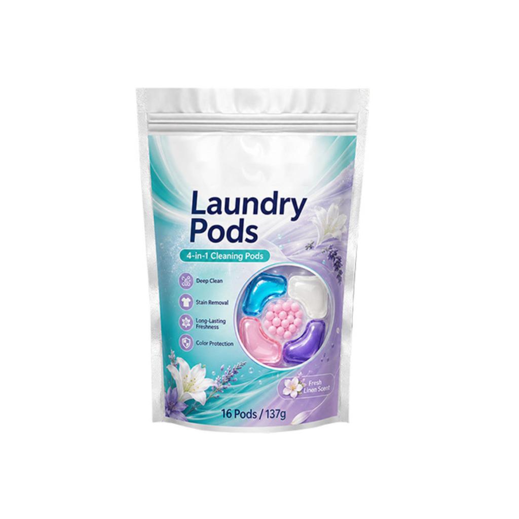 Laundry Pods 4 in 1 Cleaning Formula Deep Clean Stain Removal Long Lasting Freshness Color Protection 16 Pods 137g Bag
