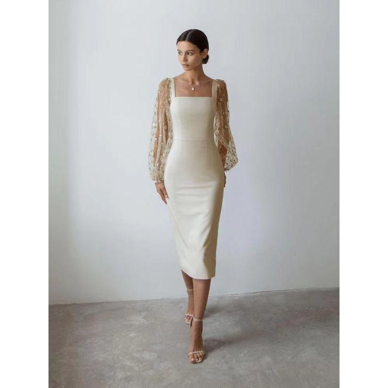 2024 Elegant Embroidered Spliced Hip Wrap Dress Sheath Dress