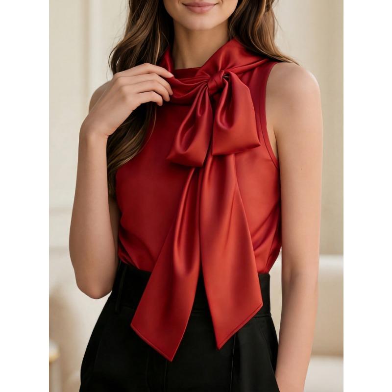 Womens Red Sleeveless Satin Blouse With Bow Neck Detail Elegant Formal Casual Top