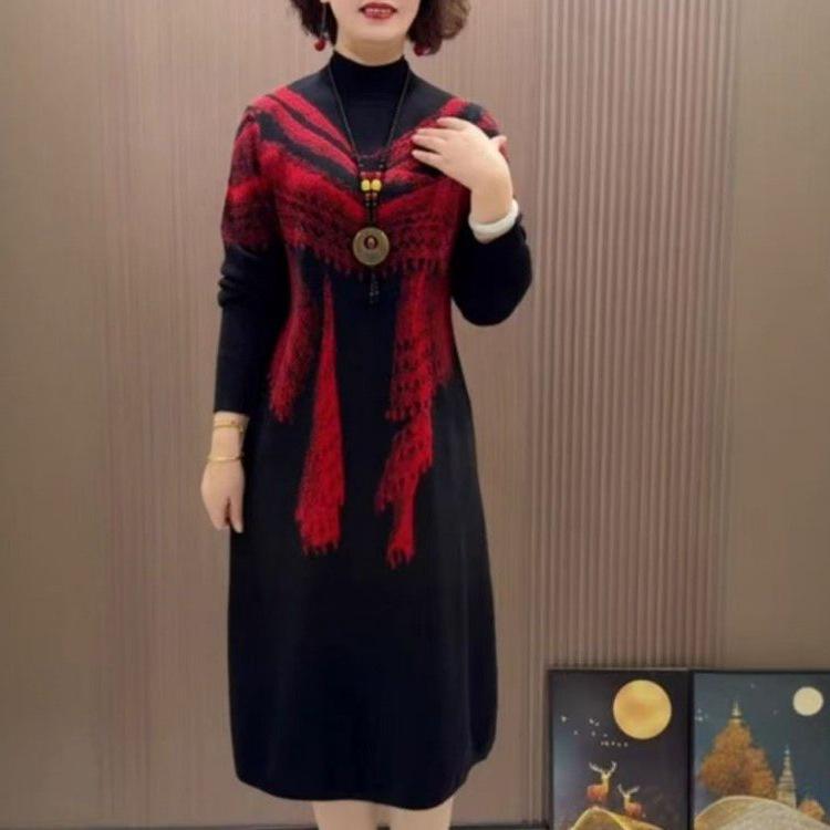 Autumn 2025 Slimming Plus Size Knit Dress with Half High Collar - Fashionable and Age-Reducing for Stylish Moms