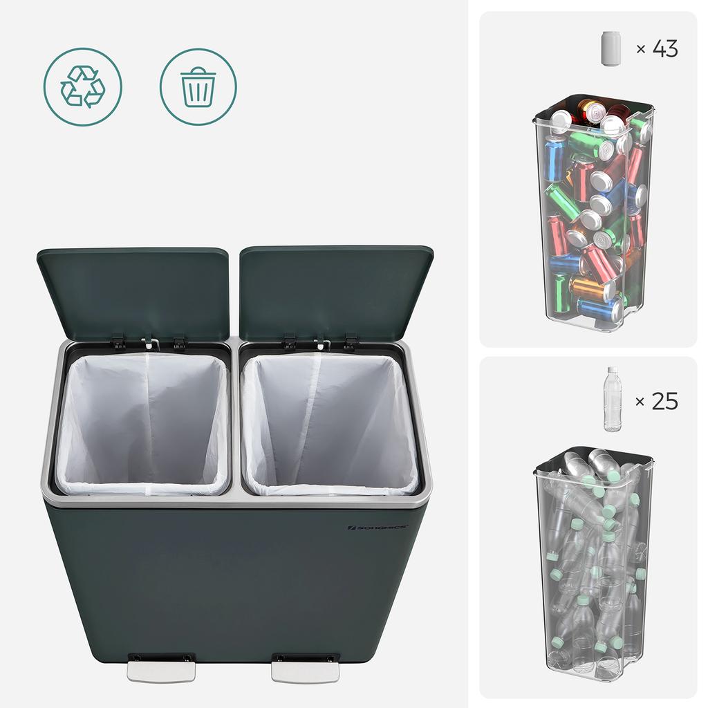 SONGMICS Double Rubbish Bin, 2 x 30 L Dual Compartment Kitchen Bin with 15 Rubbish Bags, Metal Pedal Bin with Plastic Inner Buckets and Lids