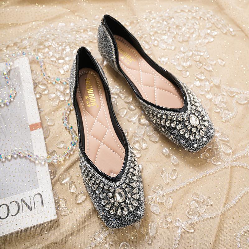 Single Shoes Women's Summer Full Rhinestone Boat Shoes Summer New Shiny Flat Shoes Square Head Ladyshoes Women's Fashion Single Shoes Versatile