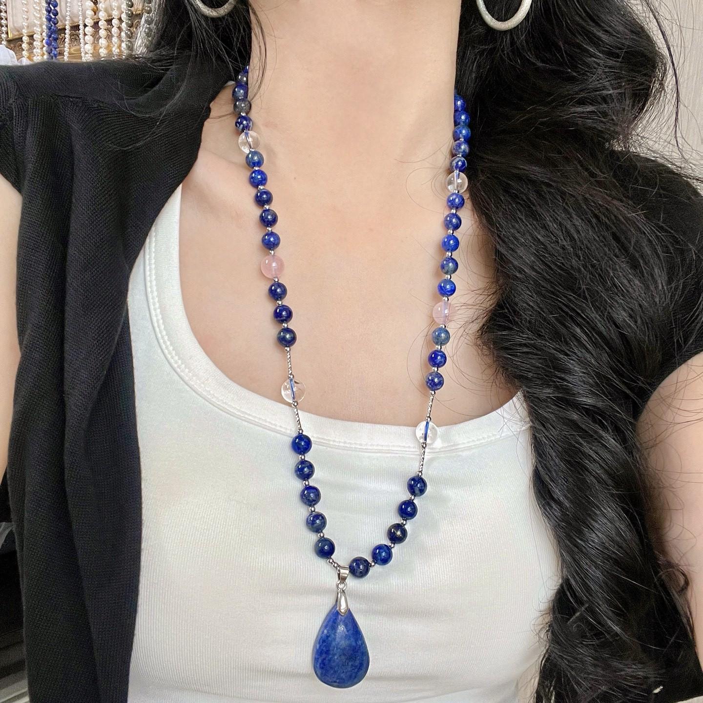 

Natural Lapis Lazuli White Crystal Design Necklace Collarbone Chain Sweater Chain