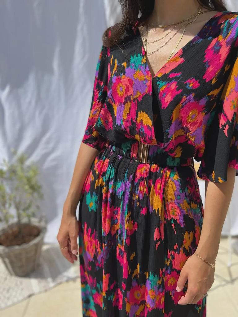 2023 Summer V-Neck Belted Print Long Dress