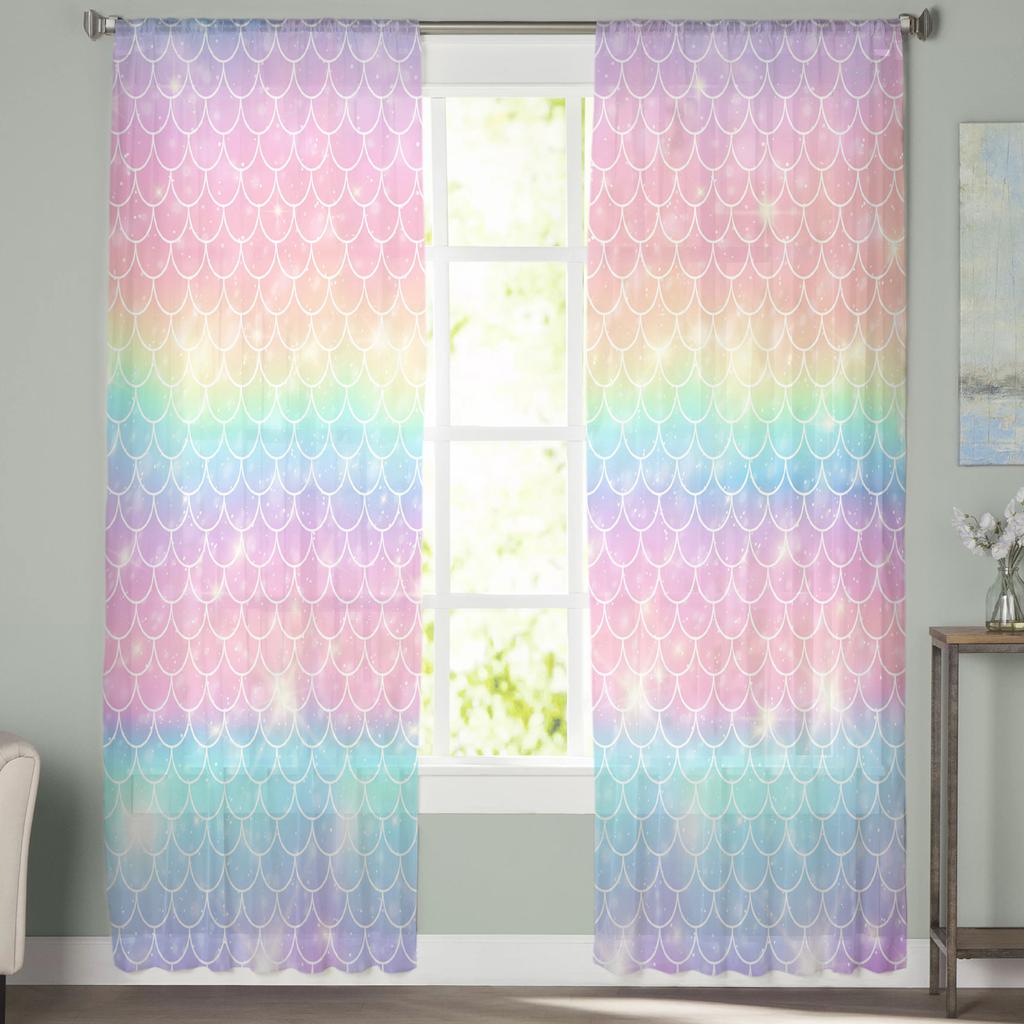 Mermaid Scales Ocean Rainbow Chiffon Sheer Curtains for Living Room Bedroom Home Decoration Window Voiles Tulle Curtain