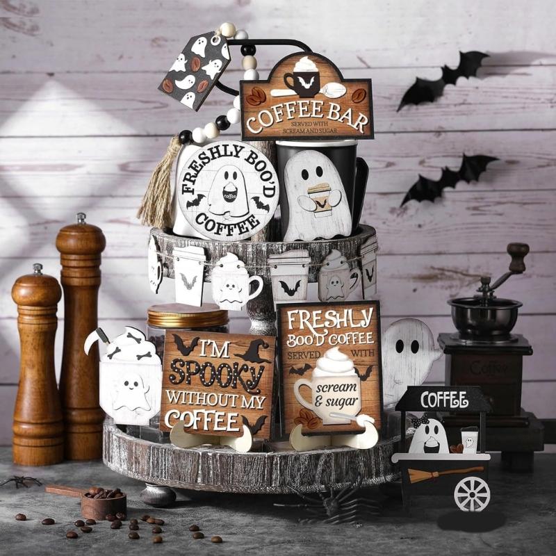 19PCS Halloween Coffee Specters Decors Wooden Sign Beads Tiered Tray Accent Farmhouses Style Home Party Tabletop Display