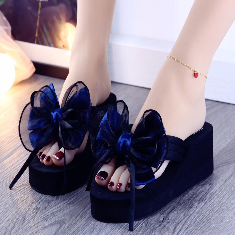 Fashion Women's 8CM Slope Heel Slippers Thick Bottom Increased Bow Casual Non slip Slippers Summer High Heels Pinch Foot Beach Slippers