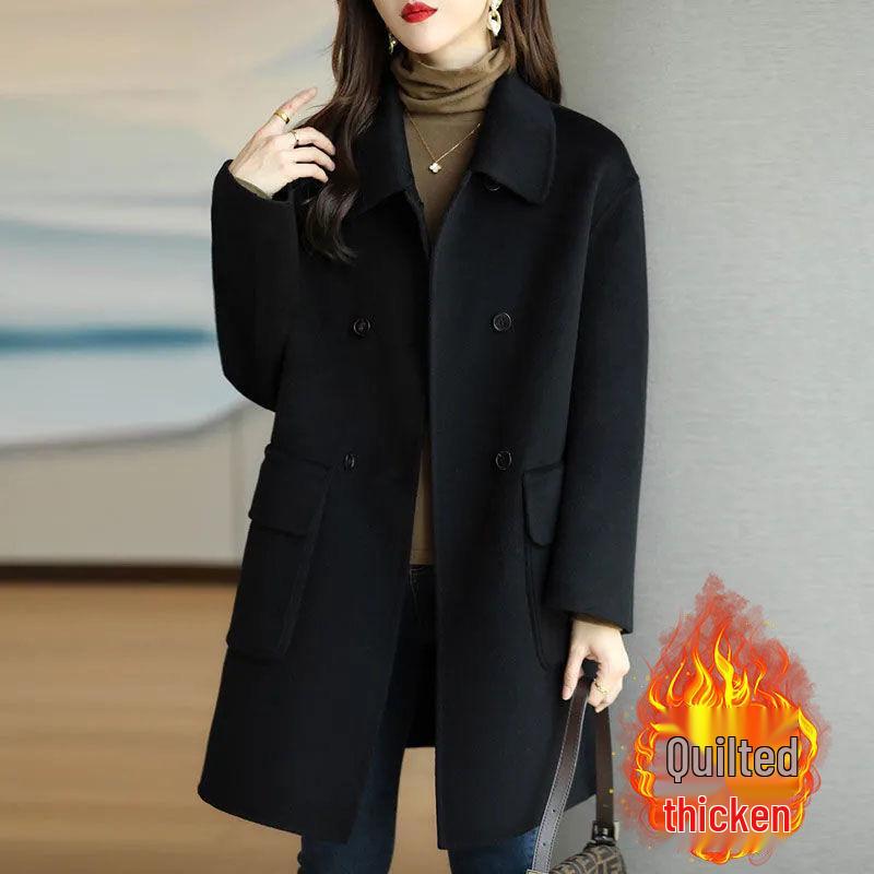 Women's Woolen Lapel Coat - 2025 Autumn/Winter Korean Style, Thickened, Slimming Mid-Length Overcoat