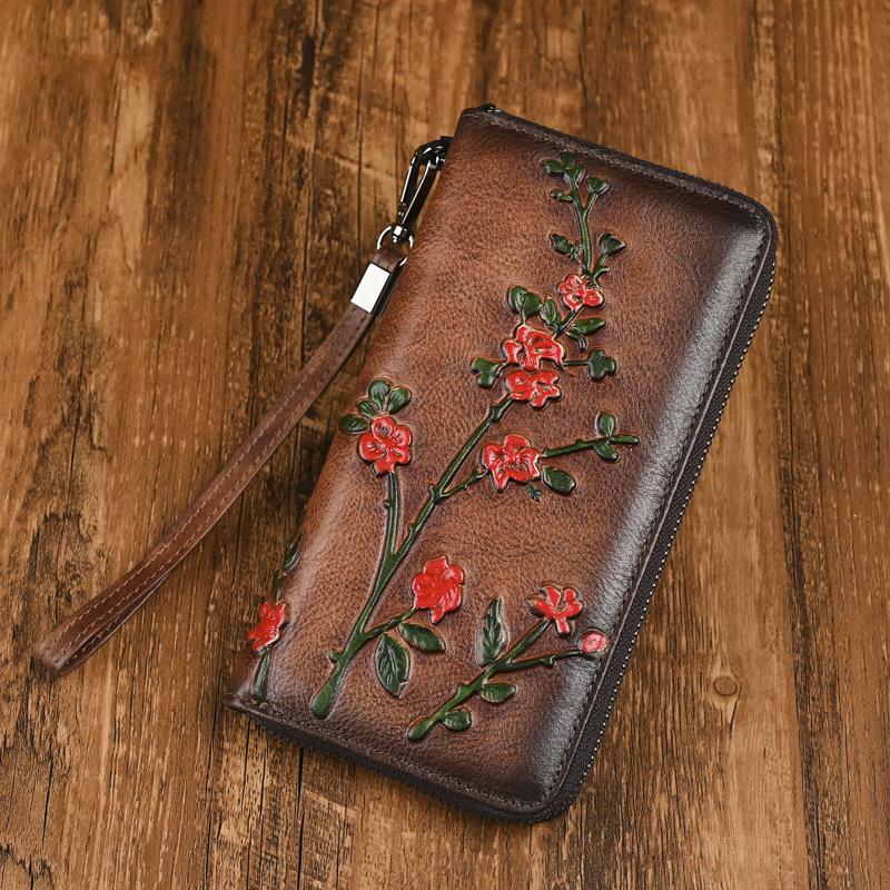 Head Layer Cowhide Long Women's Wallet Retro Embossed Handbag with High-end Feel