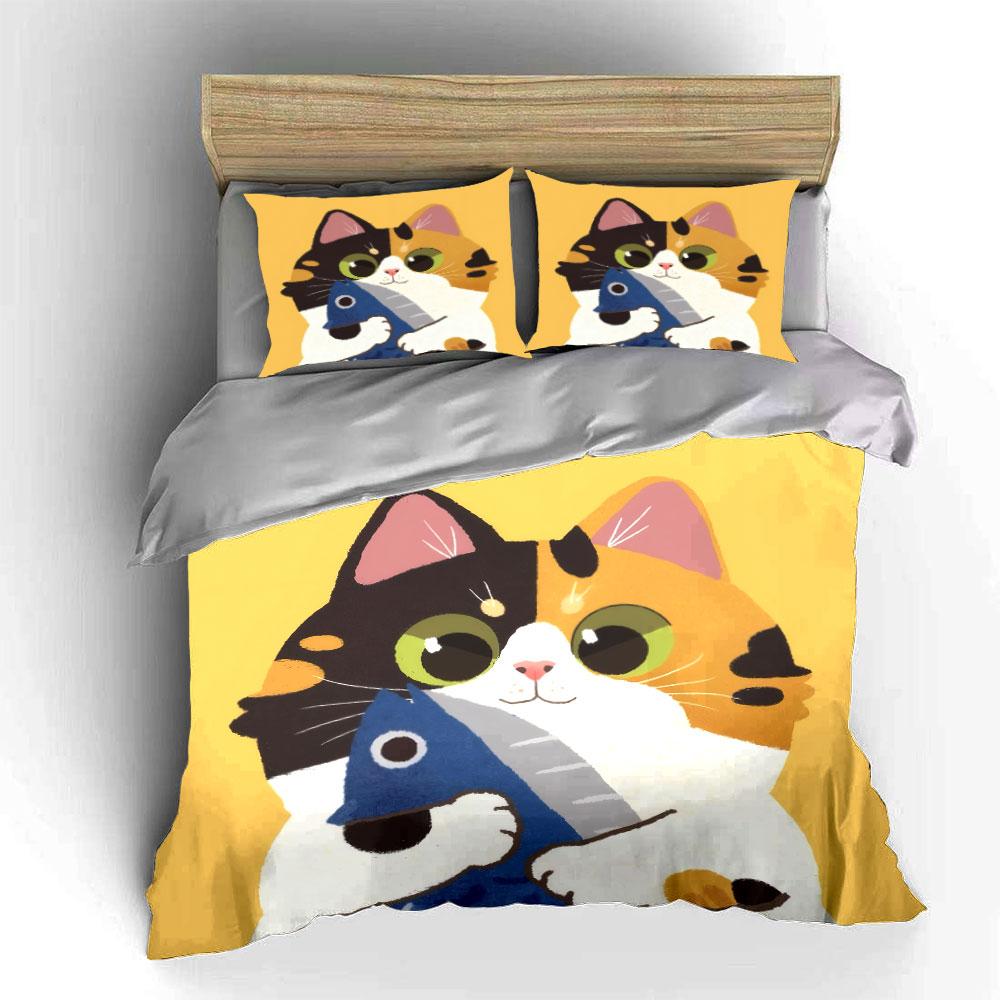 Cute Cat Illustration Decor Set Soft Comfortable Duvet Cover Bedding Set Included 1*Duvet Cover & 2*Pillowcases, Gift