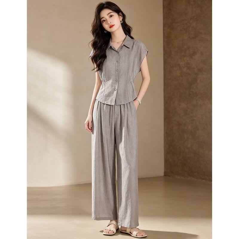 D.F.DEAR Women's Sleeveless Shirt & Wide-Leg Pants Set