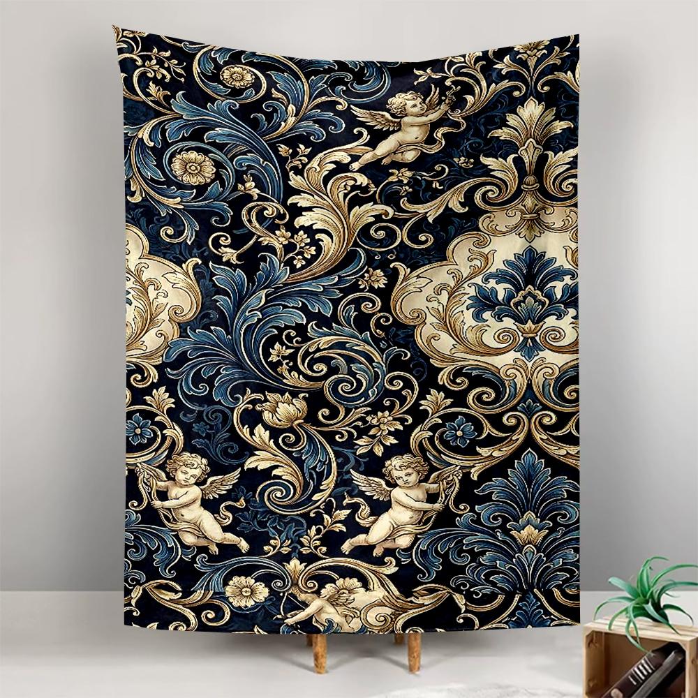 Blue Gold Cherub Baroque Damask Seamless Pattern for Classic Decorative Wall Tapestry for Bohemian Home Wall