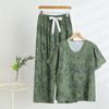 2025 Summer Floral Cotton & Rayon Women's Short-Sleeve V-Neck Top and Wide-Leg Pants Set for Middle-Aged & Elderly Moms