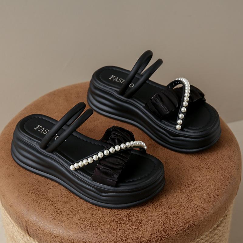 

Slippers wear ins tide in summer 2025 new pearl fairy wind two wear thick-soled small fragrant sandals 40 чёрный