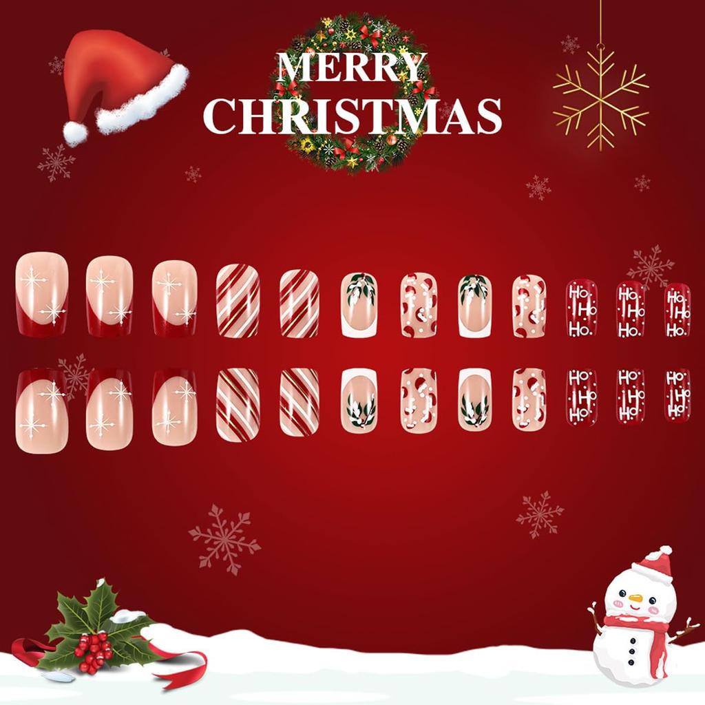 Christmas Press on Nails Medium Square Fake Nails Xmas Nails Press ons with Winterberry,Candy Cane,Snowflake,Santa Hat Design Reusable Artificial