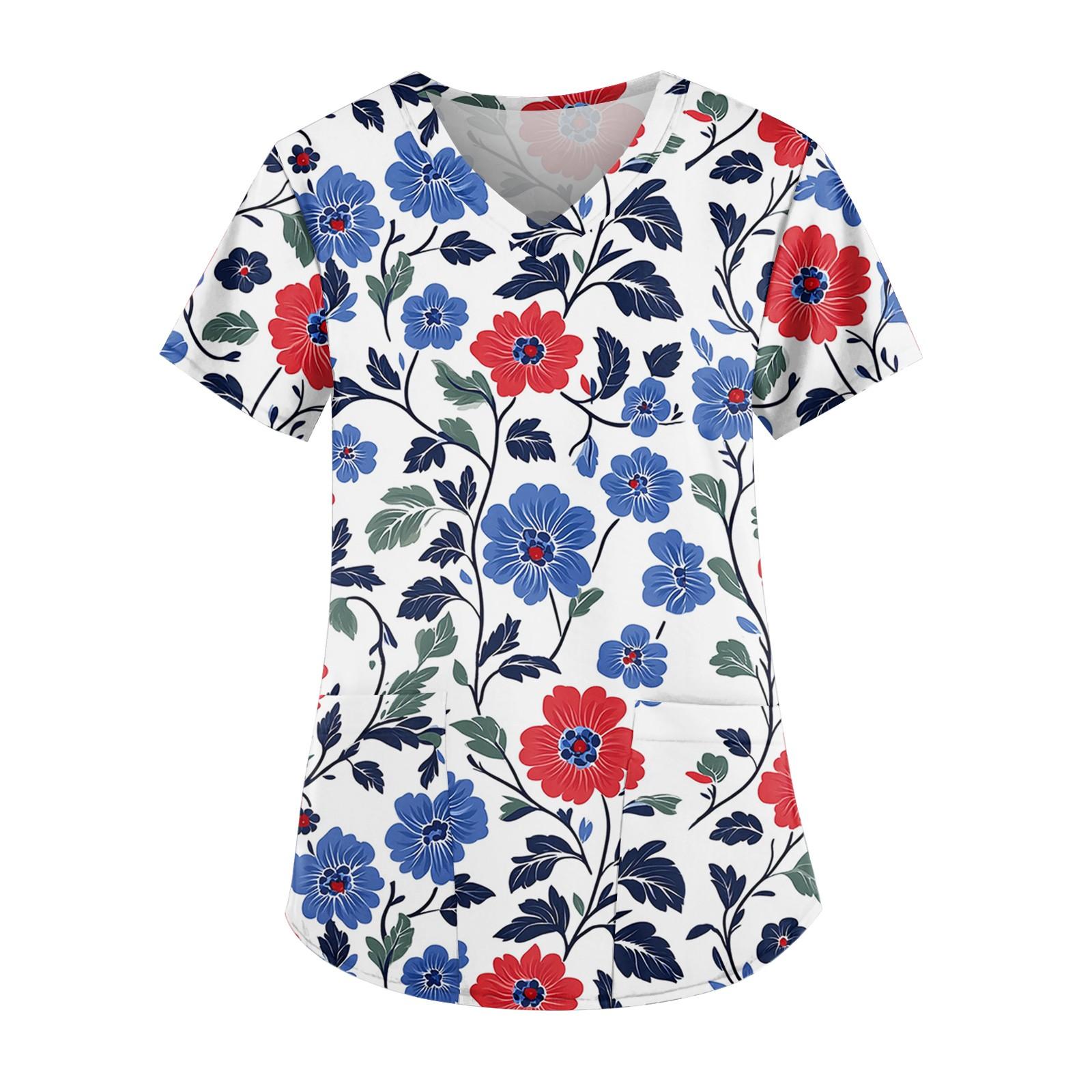 

Women s Independence Day Printed Work Clothes V-neck Double Layer Pockets Basic Short Sleeve Top Pullover XL