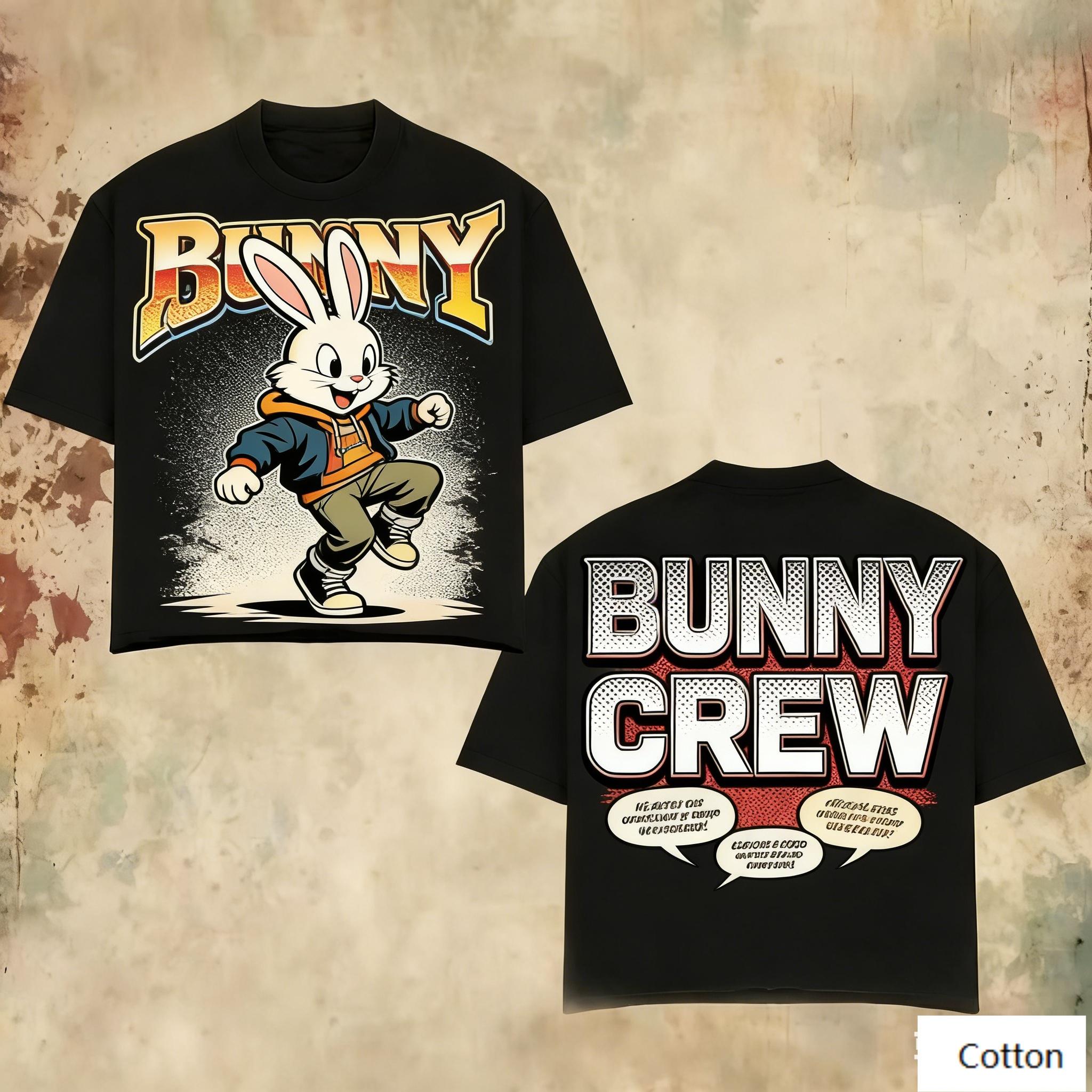 

Oversized Black Cotton TShirt with Bold Cartoon Bunny Graphic and BUNNY CREW Text Unisex Streetwear Tee for Unisex and Women 4XL