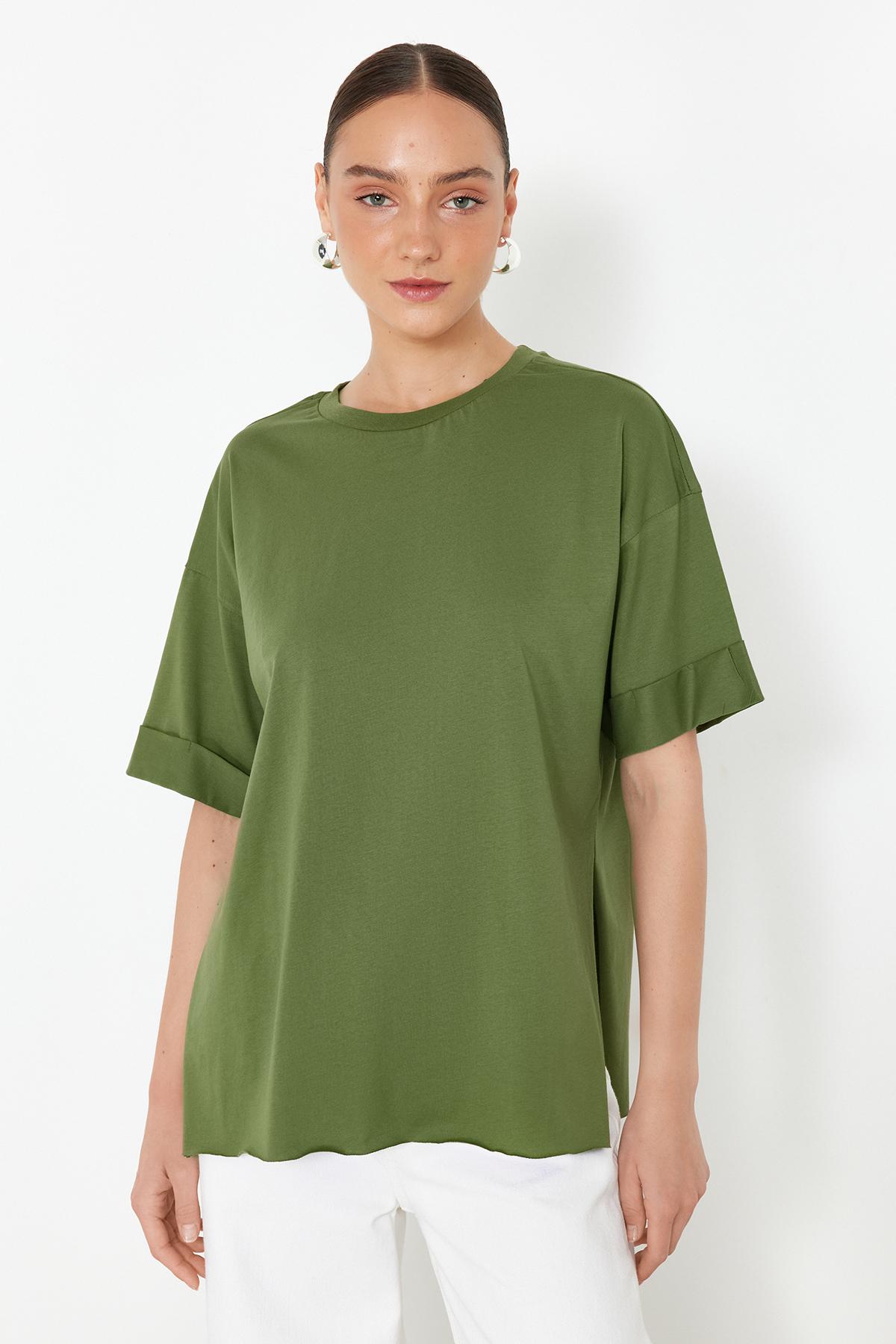 

Женская модная новая футболка цвета хаки, 100% хлопок, асимметричная трикотажная футболка с двойными рукавами для бойфренда S хаки