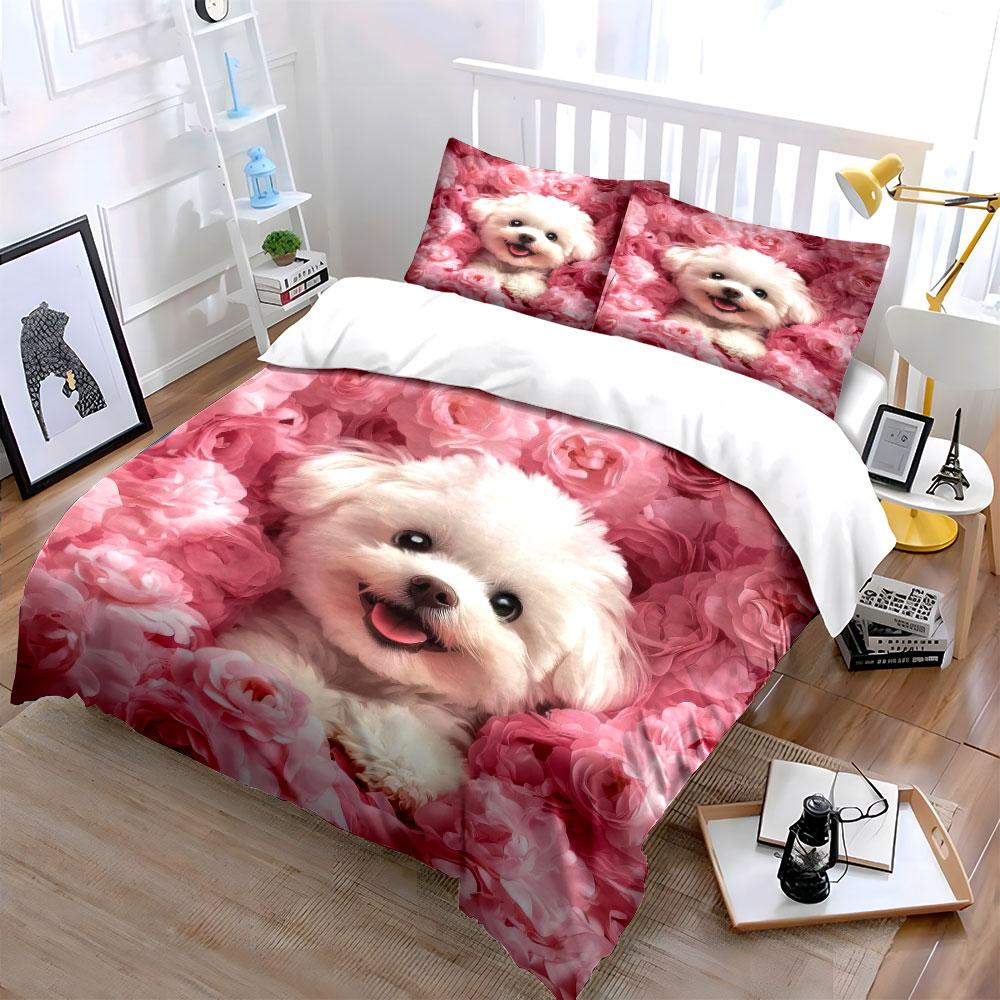 "Floral Puppy Decor Set" Bedding Set with 1 Duvet Cover 2 Pillowcases Single Double King Queen, Gift