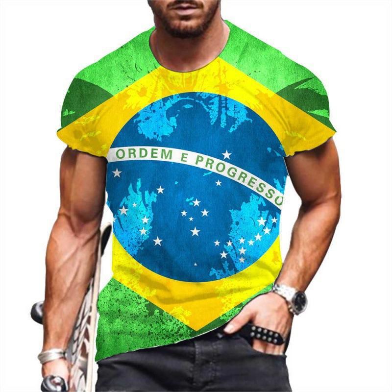 Summer Round Neck 3D Brazilian Flag Football Jersey Print Top Fashionable Casual Short Sleeved Men's T-shirts