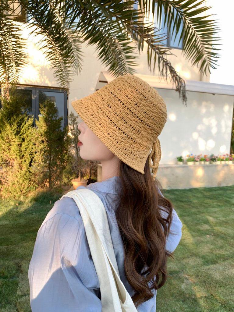 Color knitted hollow breathable bucket hat women's summer outdoor face small sunshade bucket hat women's basin hat