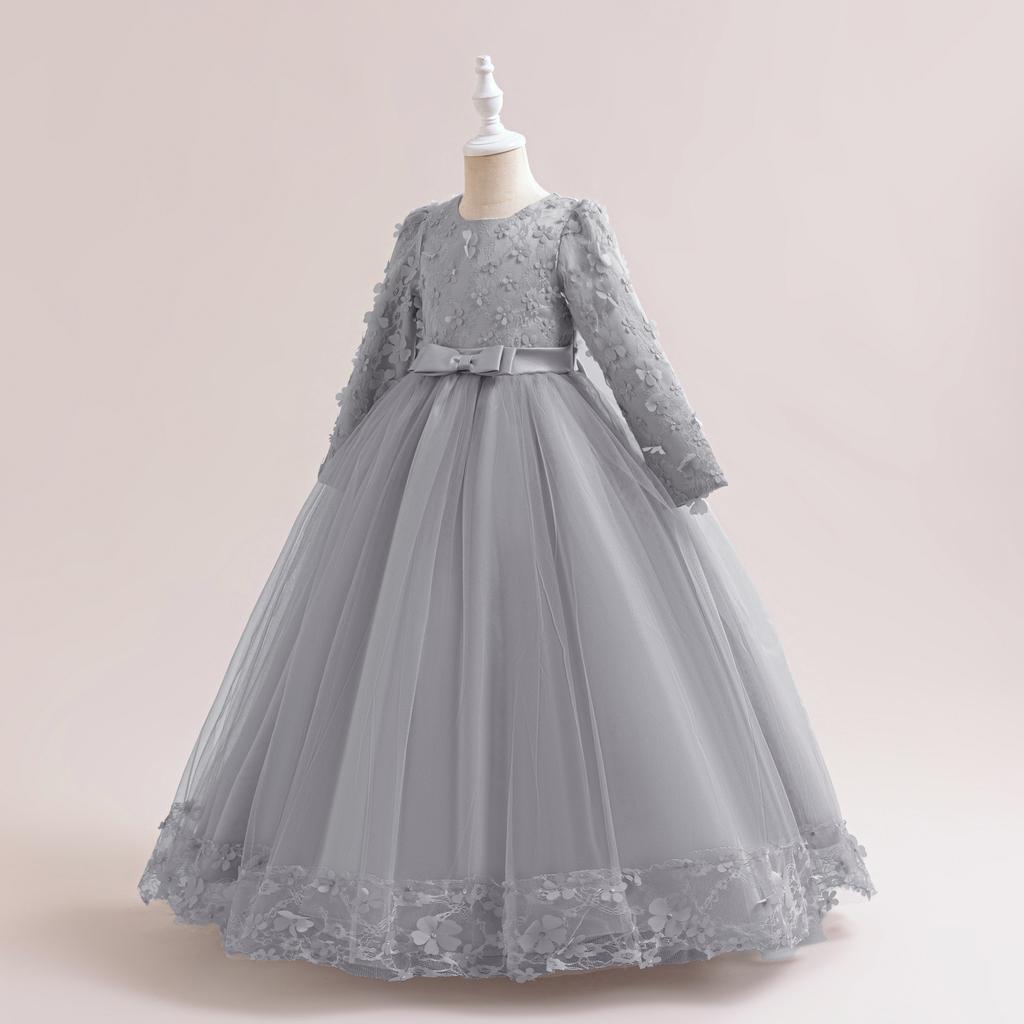 Flower Girl Princess Dress For Weddings Summer Kid Formal Bow Long Gown For School Evening Party Children New Year Cloth DZ752