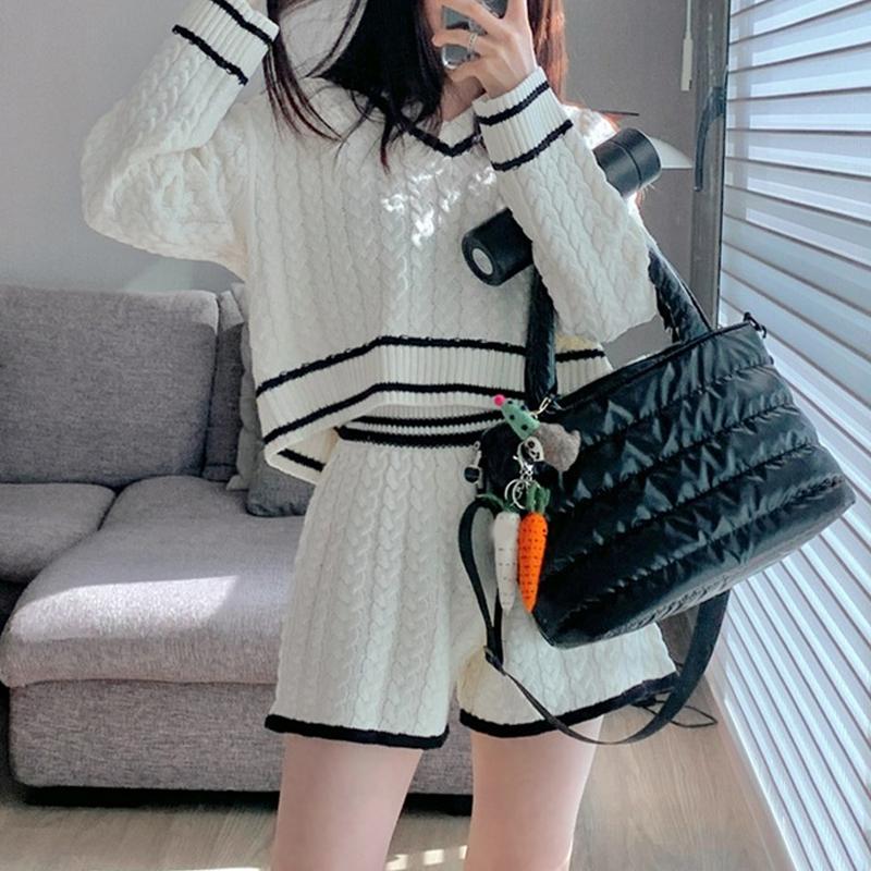 

Женский модный трикотажный пуловер с длинным рукавом, однотонный, прямые шорты, осенне-зимний, свободный, с V-образным вырезом, костюм-двойка, нежный повседневный новый наряд one size белый