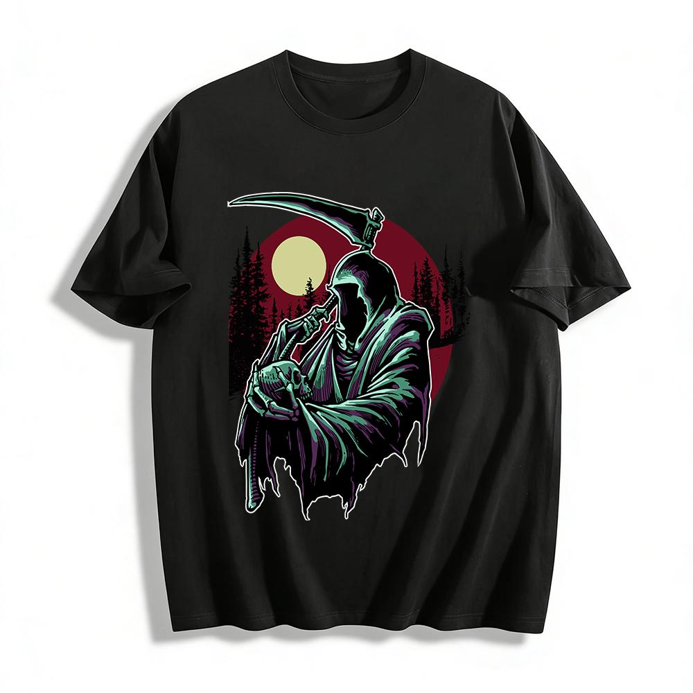 

Grim Reaper Skull Print Edgy Casual Crew Neck Short Sleeve T-Shirt Pure cotton T-shirt XXS