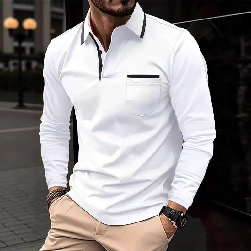 Men's Spring and Autumn Daily Casual Splicing Pocket Solid Color Lapel Long-sleeved Large Size Polo Shirt for Men