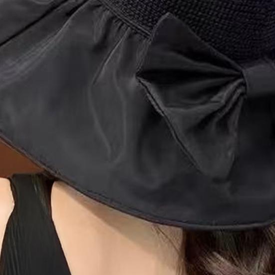 Bucket Hat Bow Decor Sun Protection Large Ruffled Brim Beach Hat Breathable Hollow Woven Top Foldable Travel Hat