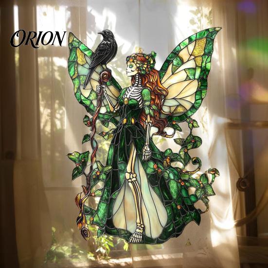 Decorative Hanging Ornaments Stained Glass Style Skeleton Fairy Window Suncatcher, Acrylic Ornament with Butterfly Wings Sun Catcher for Living