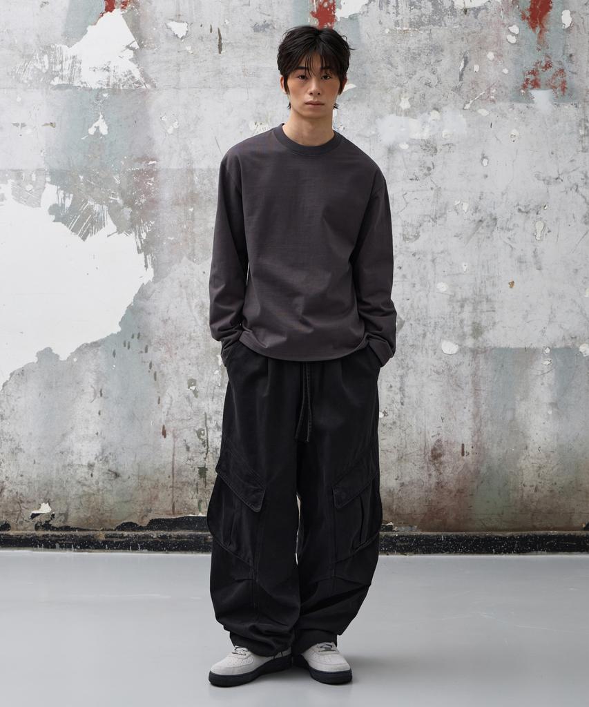 AGOD Vintage Washed Elastic Waist Cargo Pants [Black]