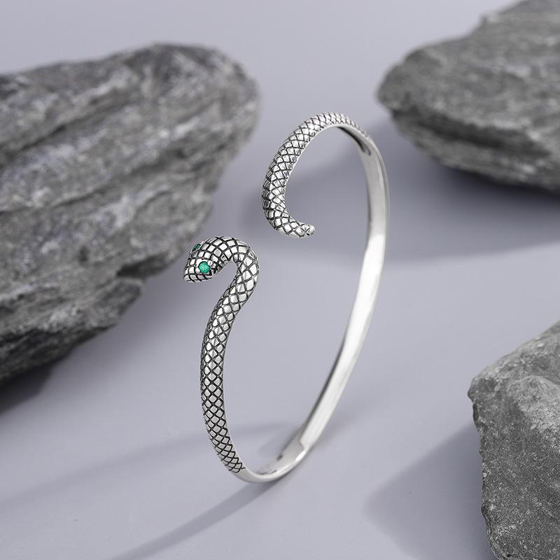 Retro Vintage Snake Bangle 925 Sterling Silver Jewelry Green-Eyed Stone Personality Animal Opening Bracelets TYB641