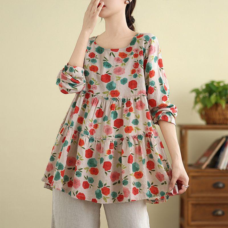 

Женская художественная рубашка осень-лето из хлопка и льна с принтом в стиле ретро, свободный утягивающий топ, блузки, рубашки XL