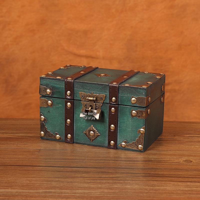 Vintage Wooden Treasure Chest with Lock - Jewelry Box & Film Prop