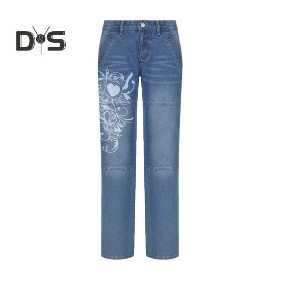 Women Jeans Mid Waist Irregular Individual Printing Retro Style Straight Wide Leg Patchwork Full Length Trousers for Vacation Travel Work School
