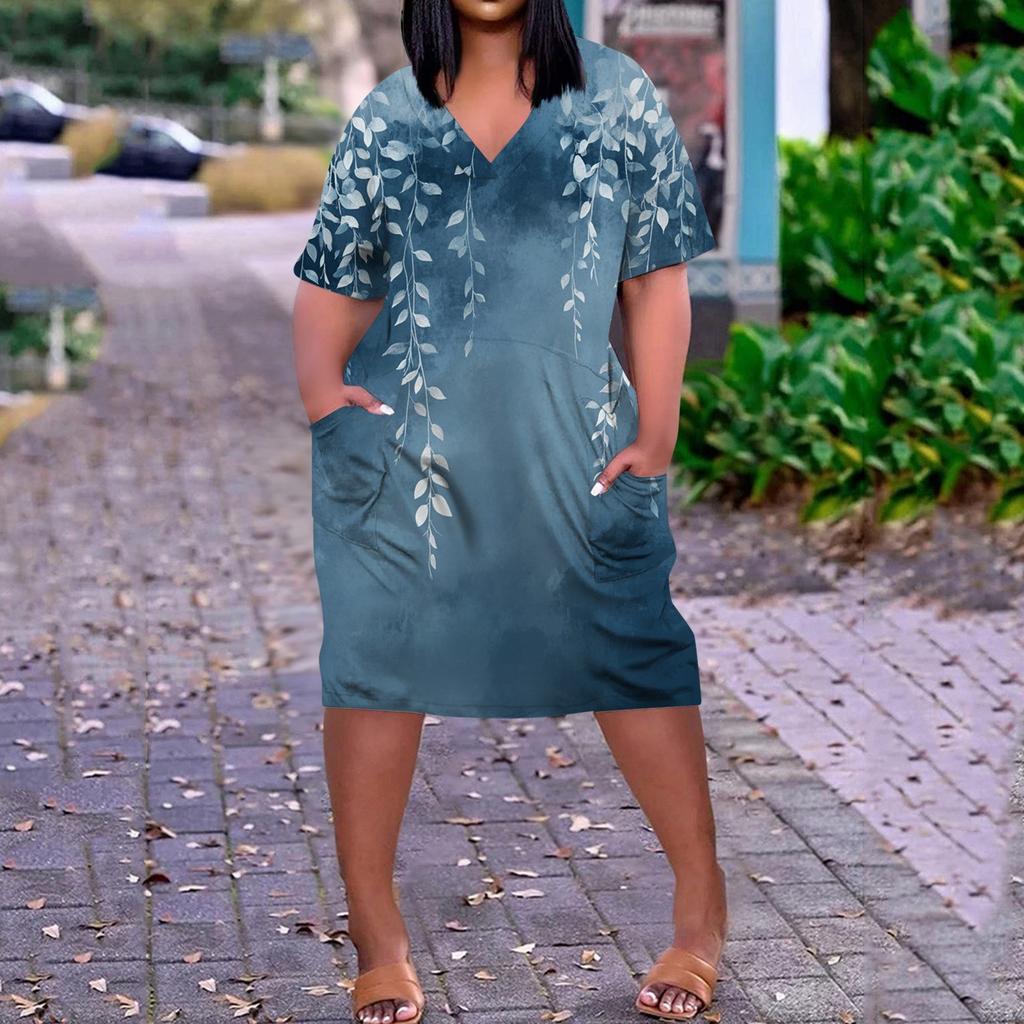 Summer Plus Size V Neck Short Sleeve Knee Pocket  Print Casual Dress For Women