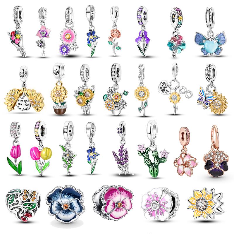 Flower Charms Fit Bracelets Sunflower 925 Silver Tulip Sakura Daisy Rose Flowers Beads DIY Jewelry Making