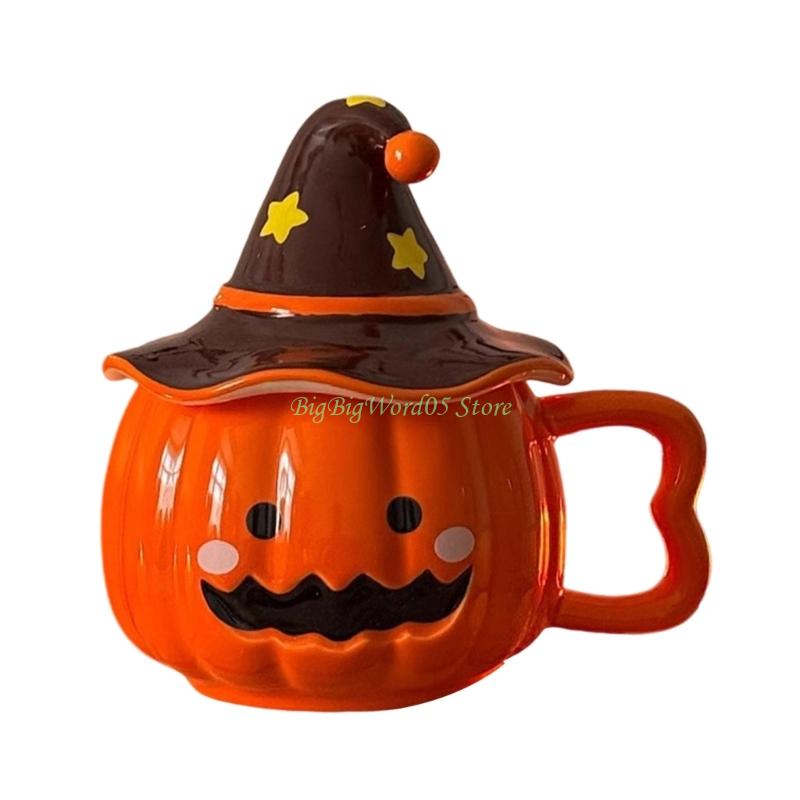 24TE Unique Halloween Themed Ceramics Mug with Pumpkin Design Matching Witch Hat Lid