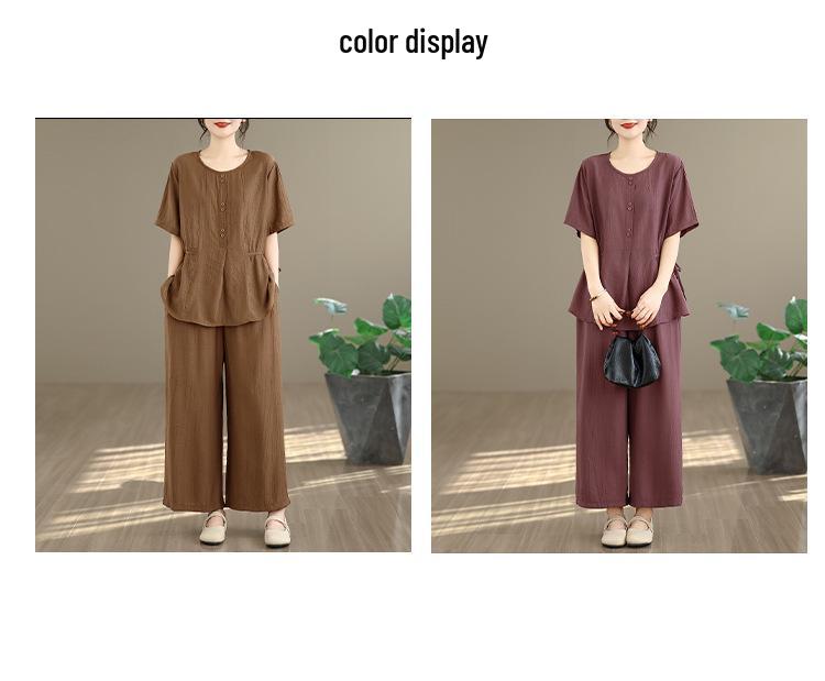 Women's Large Size Tencel Cotton-Linen Summer Suit: Slimming Round Neck Top & Wide-Leg Pants Two-Piece Set