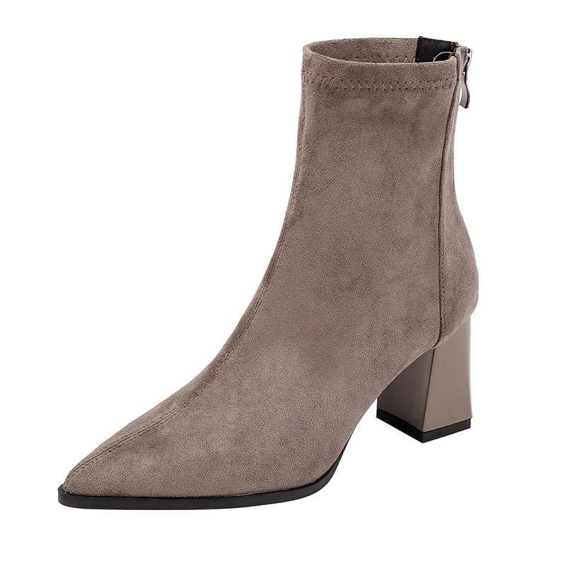 Women's Genuine Leather Suede Chunky Heel Ankle Boots - Pointed Toe, Slimming Design, 2025 Autumn/Winter Collection