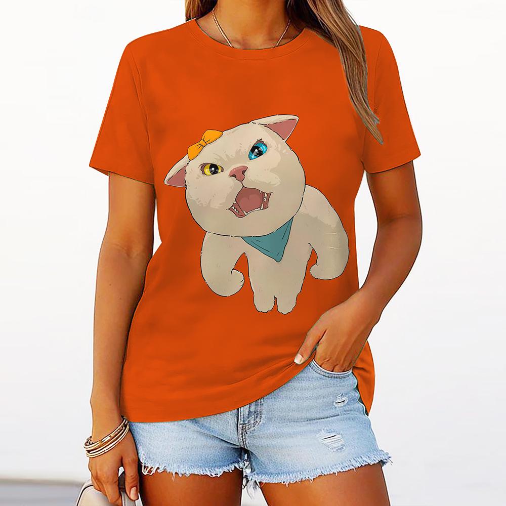 Women's T-Shirt Funny Cat Graphic Short-Sleeved Fashion Casual Oversized Round Neck Women's Summer Clothing