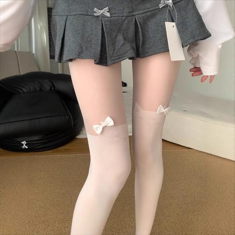 Cute Kitten White Stockings Sweet Lolita Socks Women'S Spring And Summer Thin Fake High Tube Spliced Knee Socks