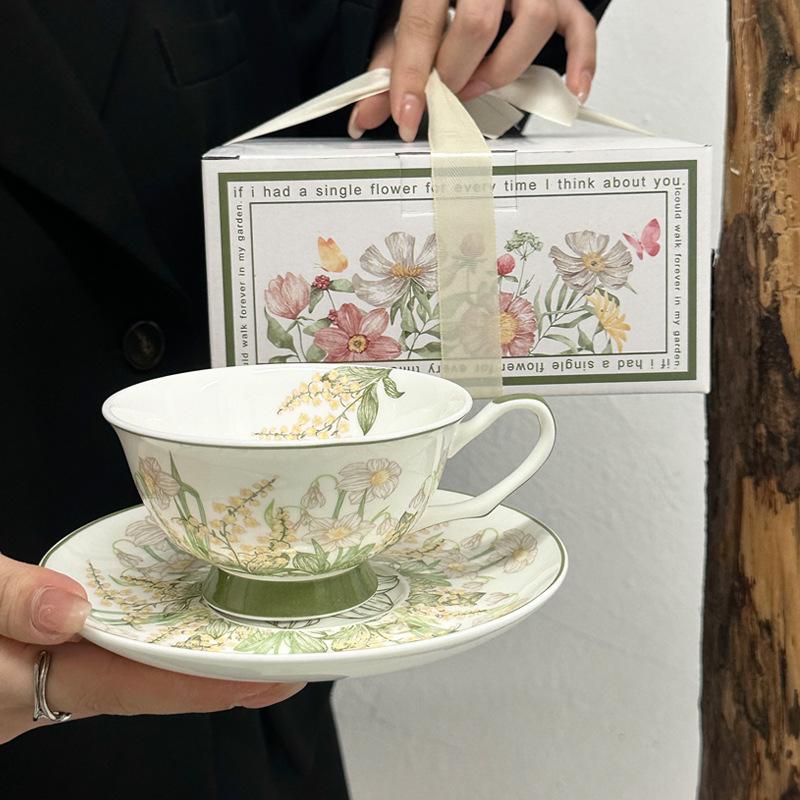 Green Lily of the Valley Mug Ceramic Coffee Cup Saucer Set Gift Box Girls Birthday Gift Mid-Autumn Festival Souvenir