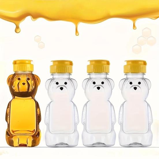 240ml Plastic Bear Honey Bottle Jars Empty Honey Squeeze Container with Flip-lid Reusable Bear Shaped Juice Bottle for Syrup Sauce Storing Dispensing