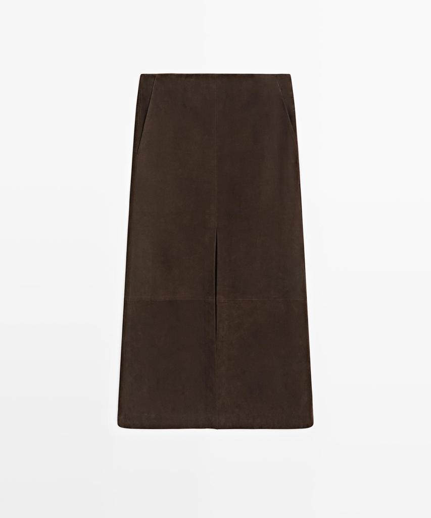 Masimodutti Straight Nubuck Leather Midi Skirt