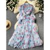 French Style Fancy Print Chiffon Dress Women's Ruffles Patchwork Waist-Slimming Slim Looking Elegant Elegance Pleated Dress