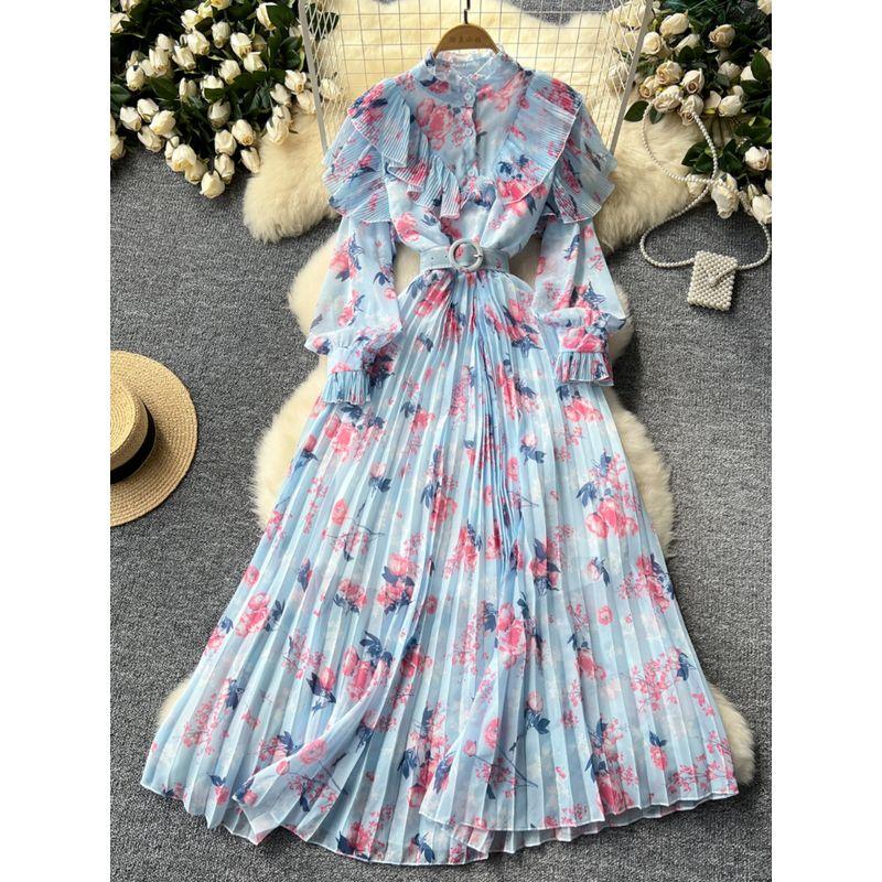 French Style Fancy Print Chiffon Dress Women's Ruffles Patchwork Waist-Slimming Slim Looking Elegant Elegance Pleated Dress