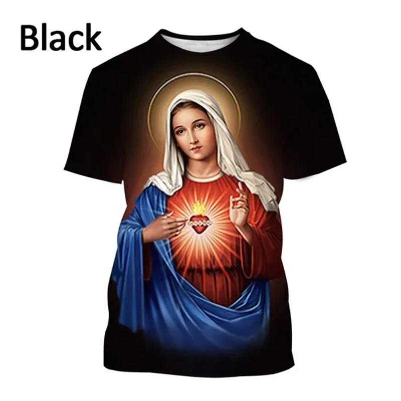 3D Printing Virgin Mary T Shirt For Men Summer Short Sleeved Christian Mother Of God Pattern Tshirts Mens Casual T-Shirt Tops