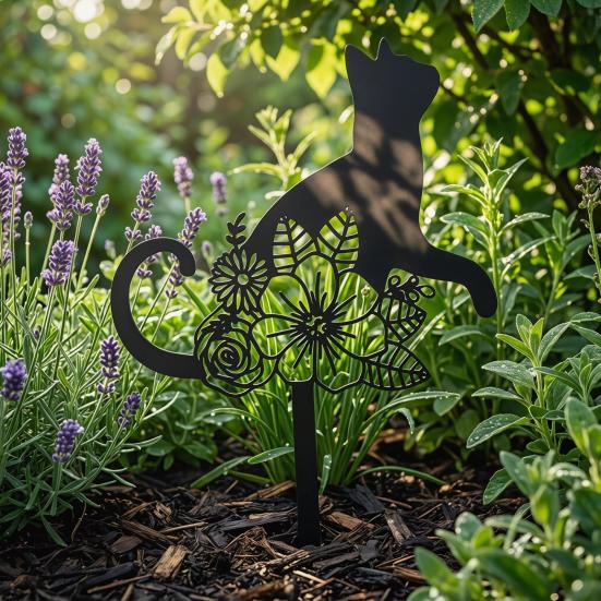 Katze Metall Dekorativer Gartenstecker Schwarze Katze Blumen Silhouette Statue für Außenhof Terrasse Rasen Dekoration